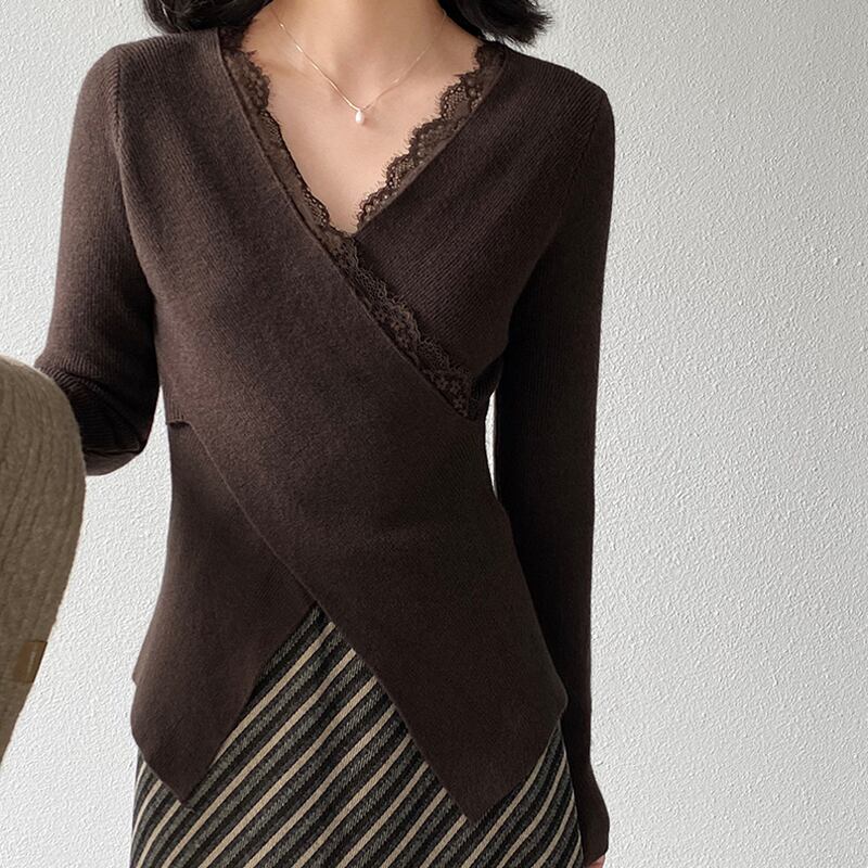 【tops】レース付きクロスニットトップス Q7238