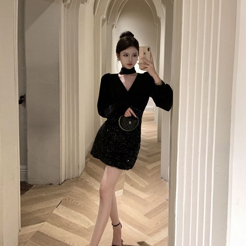 【dress】Vネック長袖スパンコールワンピース G18923