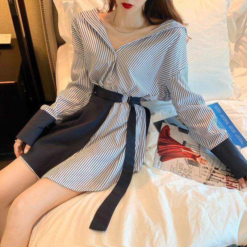 【set】ファッション気質満点個性派スカート+切り替えストライプ柄シャツワンピース2点セット G9207