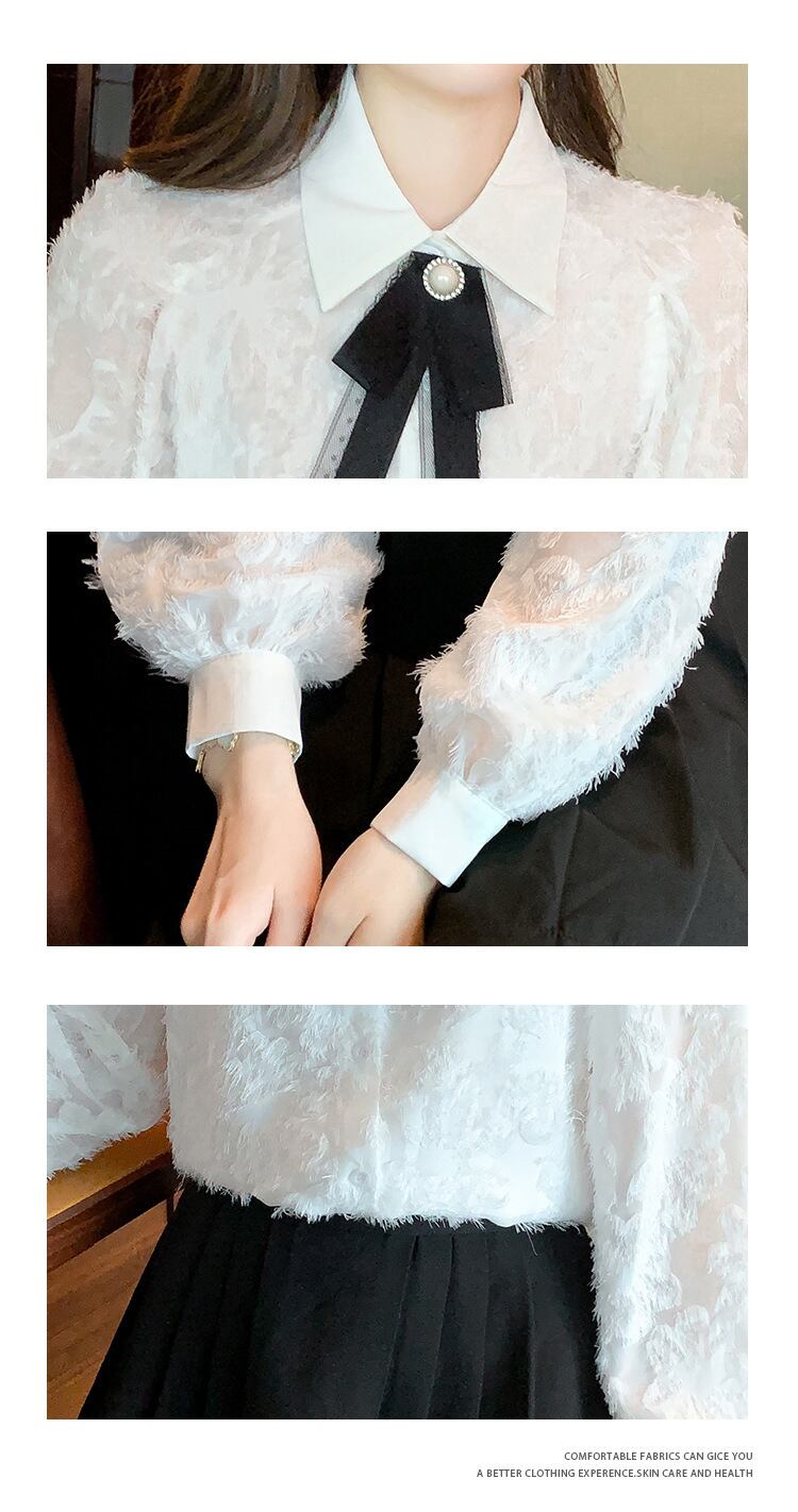 【tops】リボン付きレースシャツトップス M18686