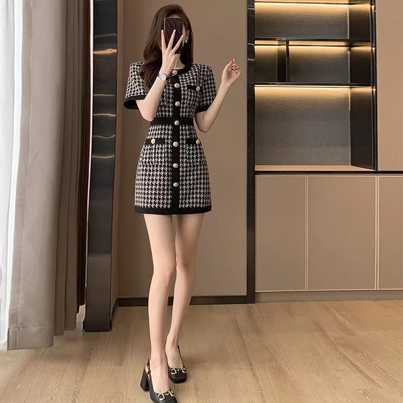 【dress】ラウンドネック千鳥柄ニットワンピースF7323