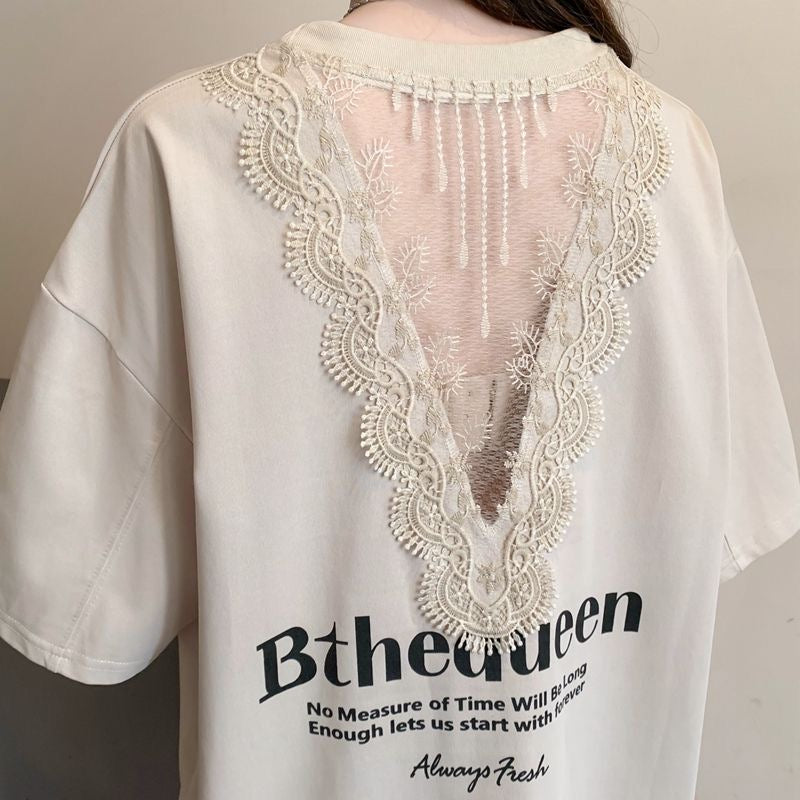 【tops】2色レース半袖切り替えTシャツF7896