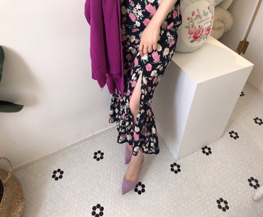【dress】エレガントVネック気質満点夏スリット体型カバー着痩せシフォンワンピース G8301