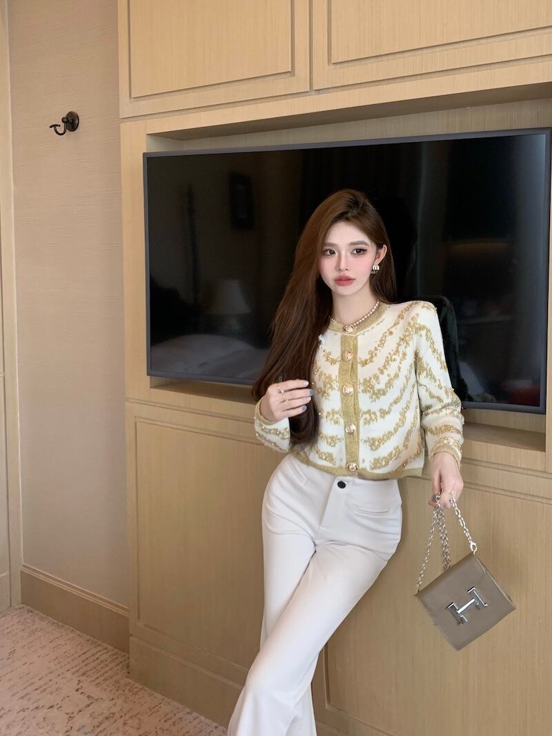 【outer】ツイード長袖ニットカーディガンG17873