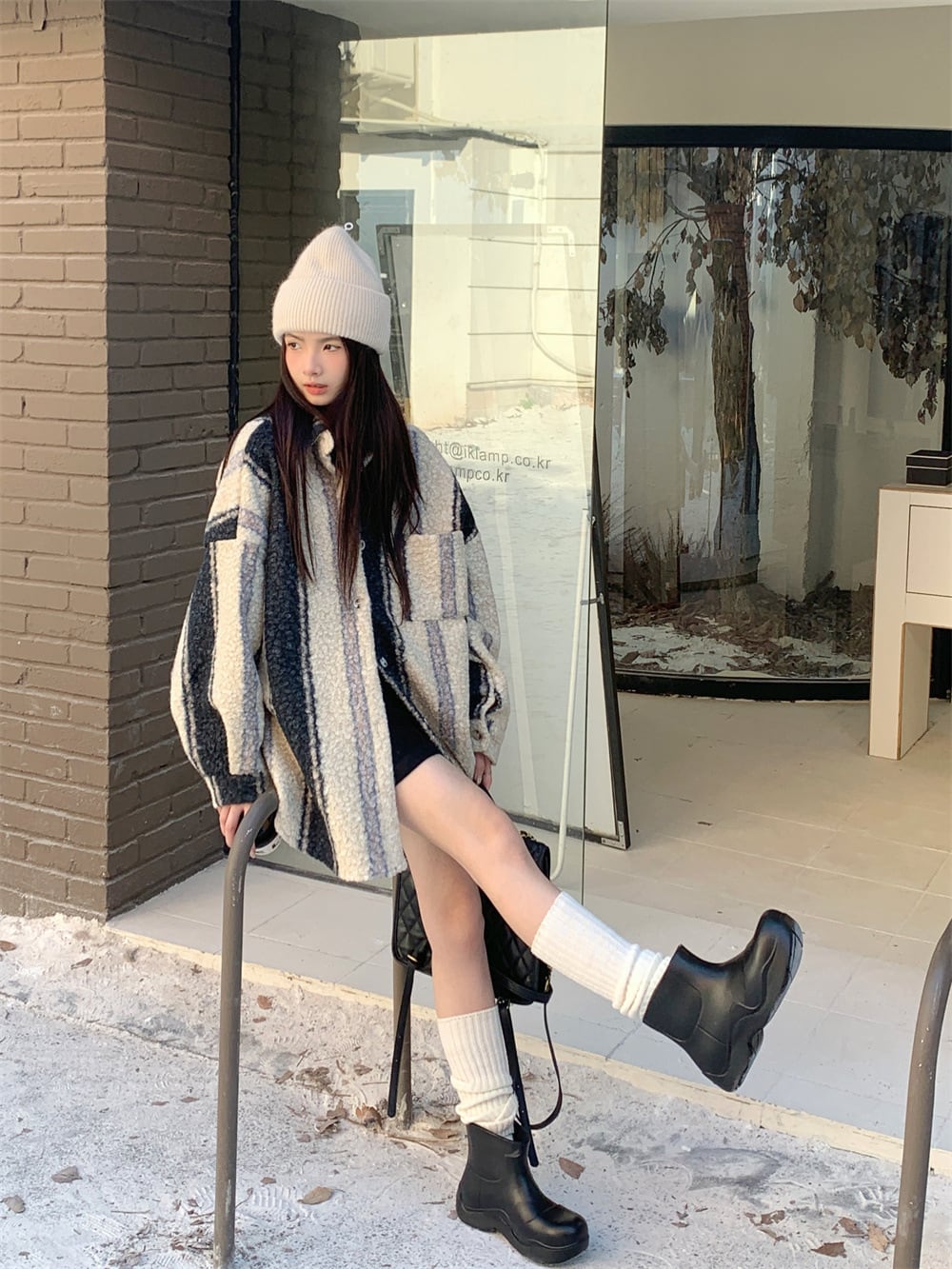 【outer】ストライプ柄配色コート M27366