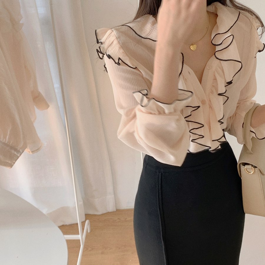 【tops】Vネックフリル長袖ブラウスG23630