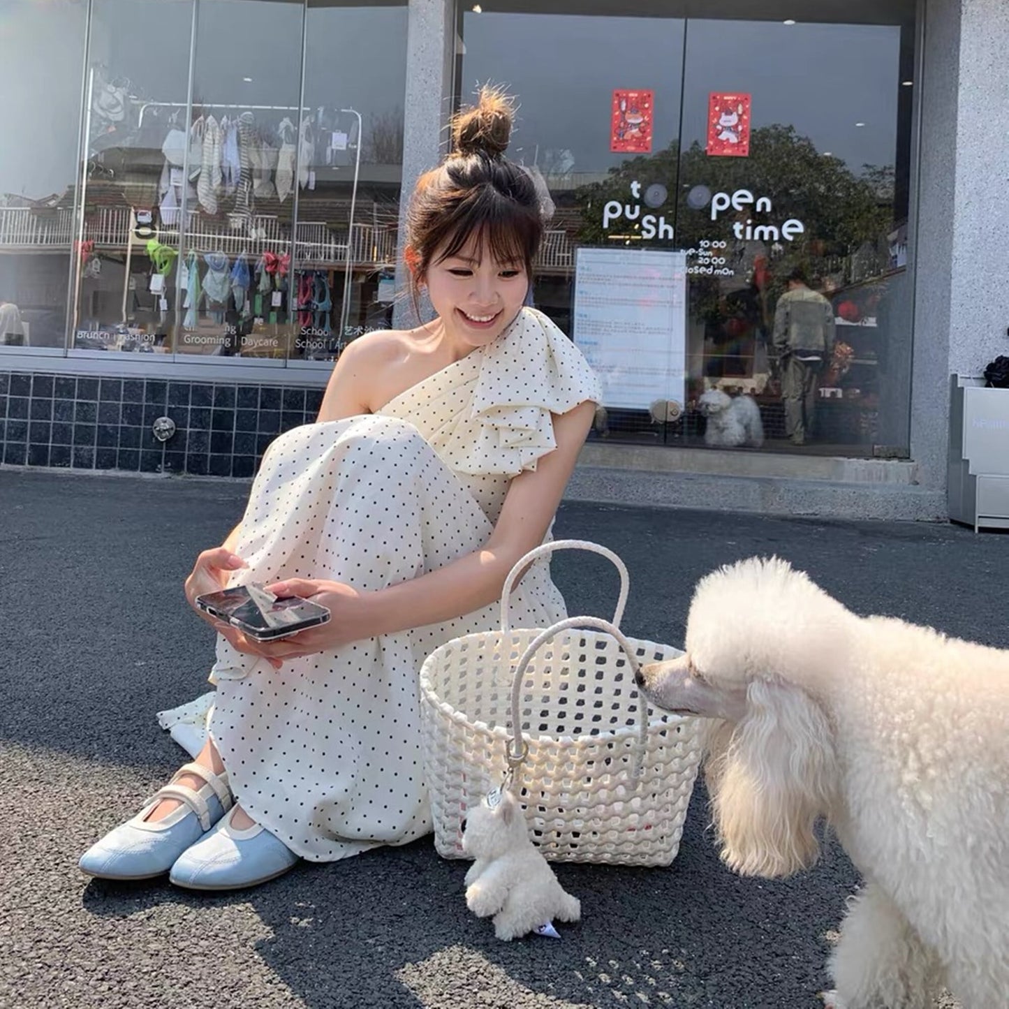 【dress】ワンショルダーリボンドット柄ワンピース N3045