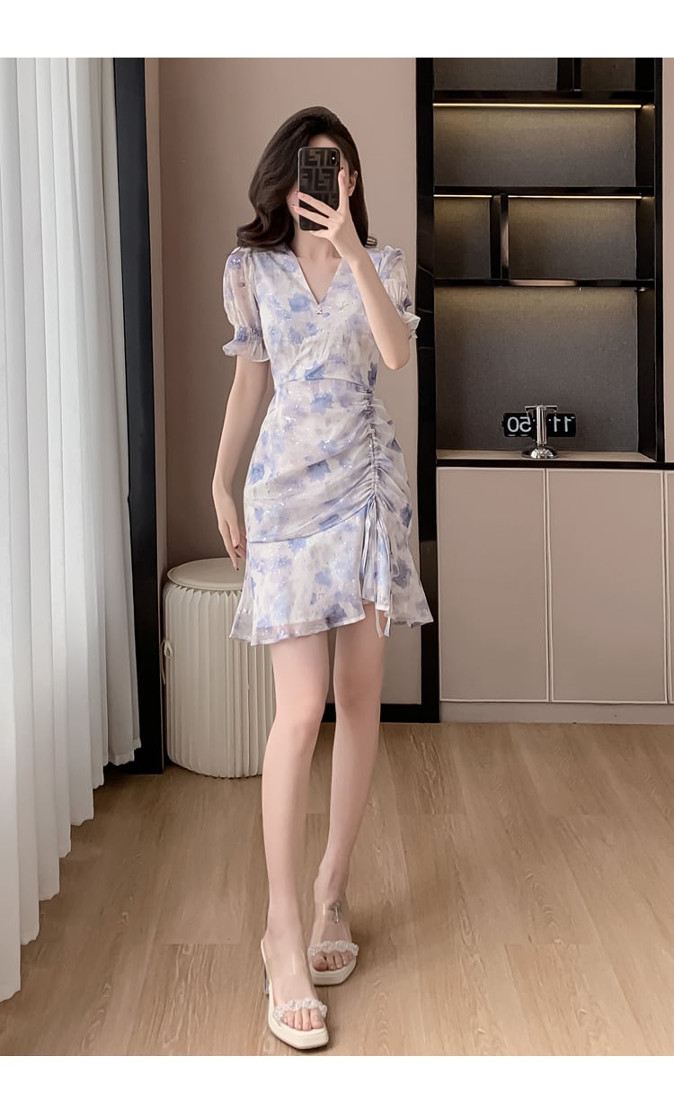 【dress】Vネック花柄シフォンマーメイドワンピース G21275