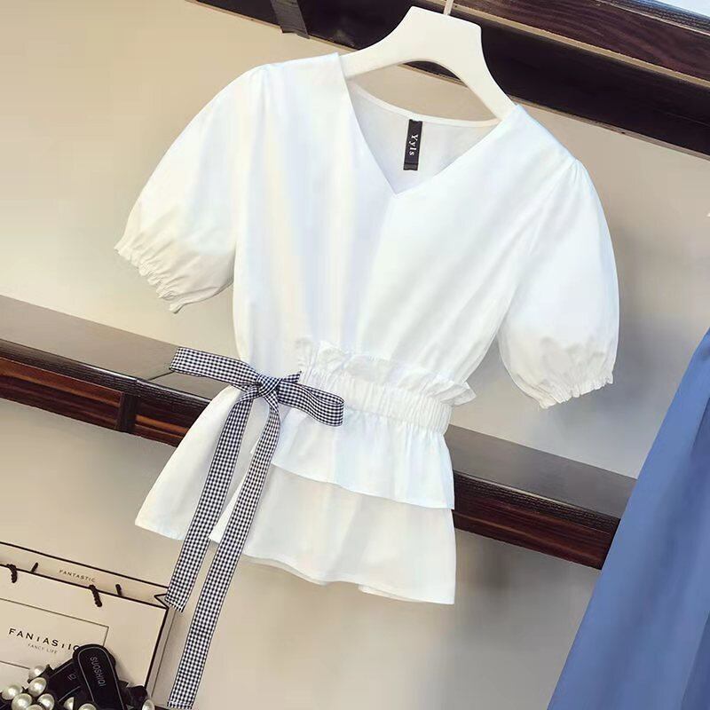 【set】オシャレ度満点〜蝶々結びVネックブラウス+無地ガウチョパンツおしゃれセットアップ