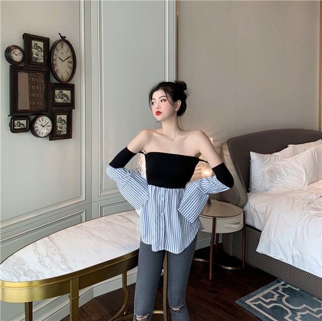 【tops】レトロセクシー気質満点ボートネック切り替え体型カバーストライプ柄シャツ G8793