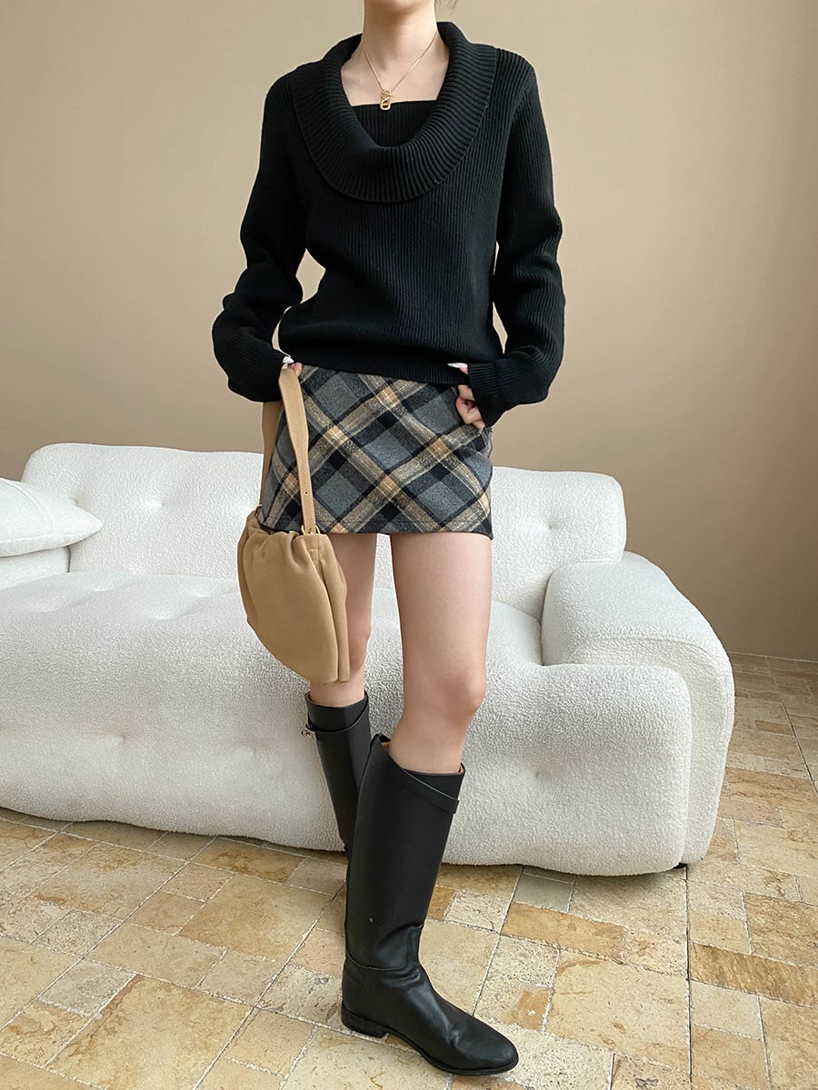 【tops】5色展開ドレープドネックニットトップス Q7379