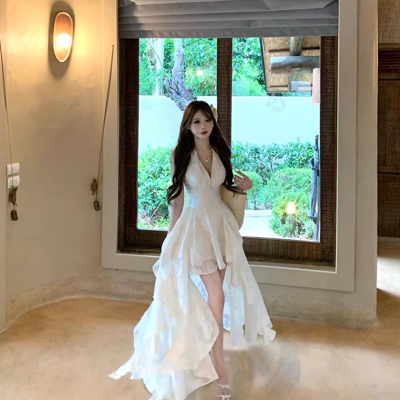 【dress】ホルターネックレースイレヘムワンピース Q8412