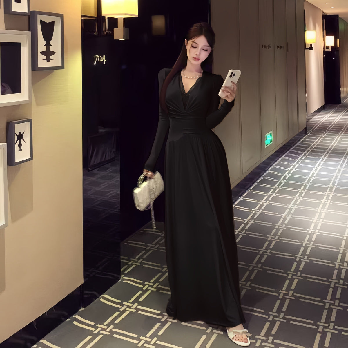 【dress】レースドッキングロングワンピース N3432