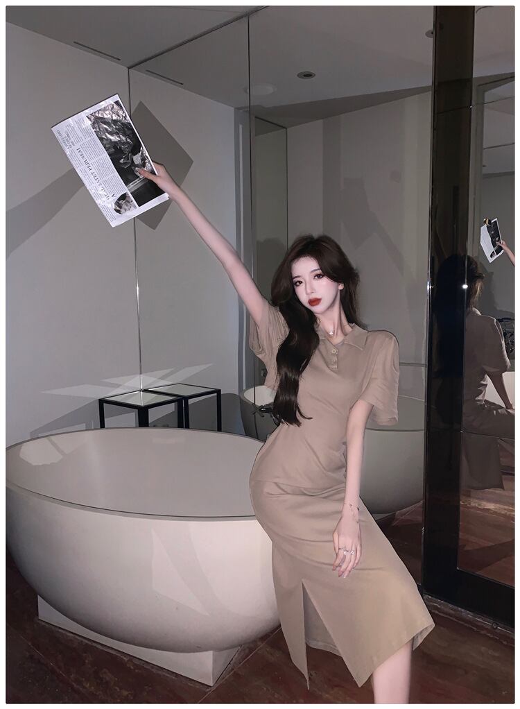 【dress】POLOネック透かし彫りスリットワンピース G21109