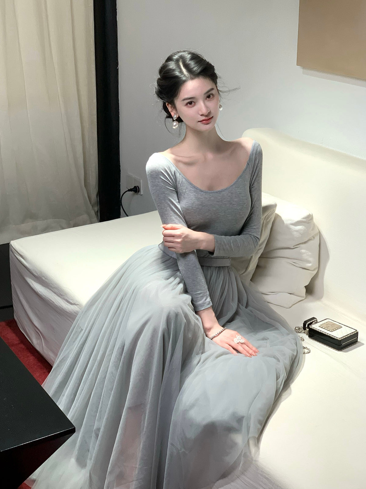 【dress】2WAYチュールドッキングロングワンピース N3426