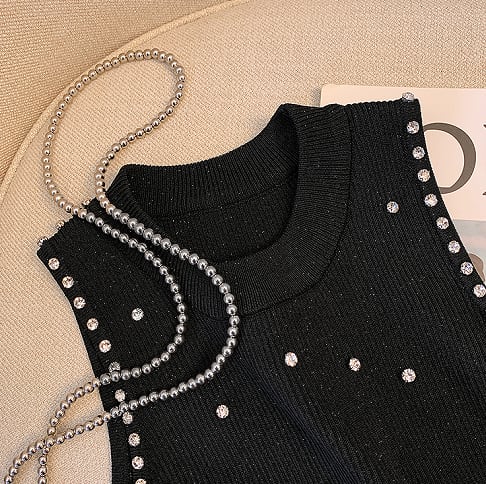 【tops】ラウンドネックノースリーブ無地フリンジ着回しニットタンクトップF5265