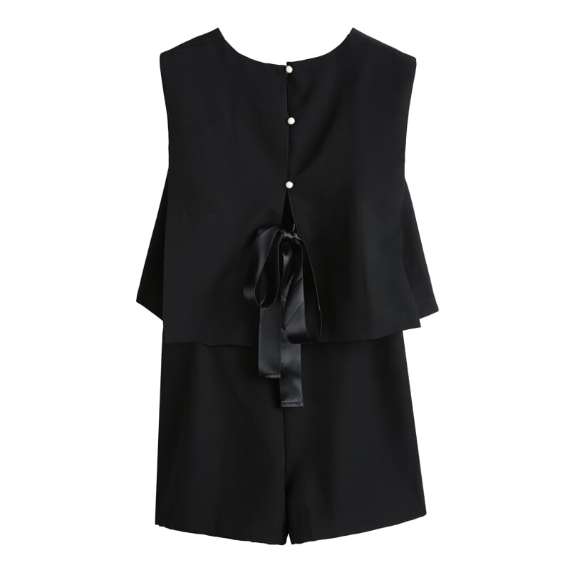 【set】一目惚れ!ラウンドネックリボン付きタンクトップ+無地ショートパンツおしゃれセットアップ