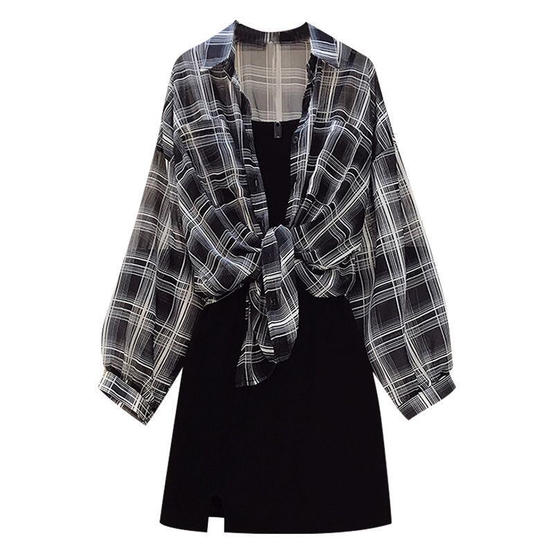 【set】人気item!チェック柄紫外線対策シャツ+着痩せキャミワンピース2点セットF0115