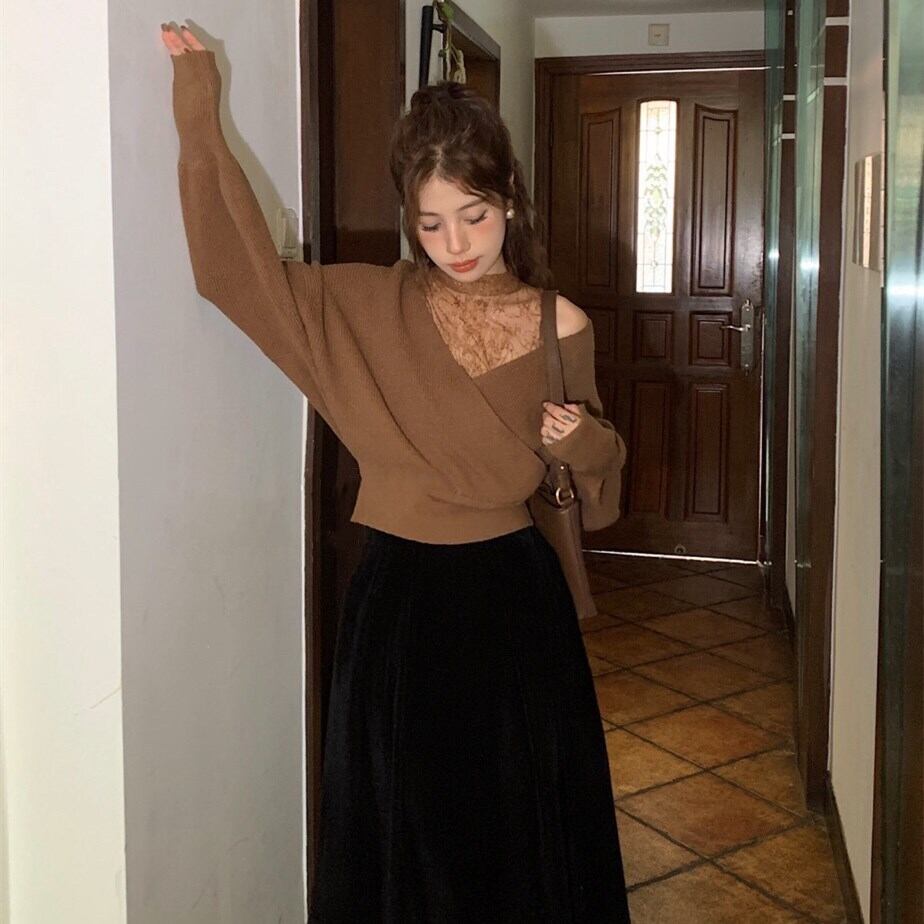 【tops】レースドッキングニットトップス N2127
