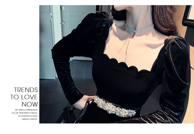 【dress】美人度アップ!気質満点ハイウエスト長袖 スクエアネックワンピース G1418