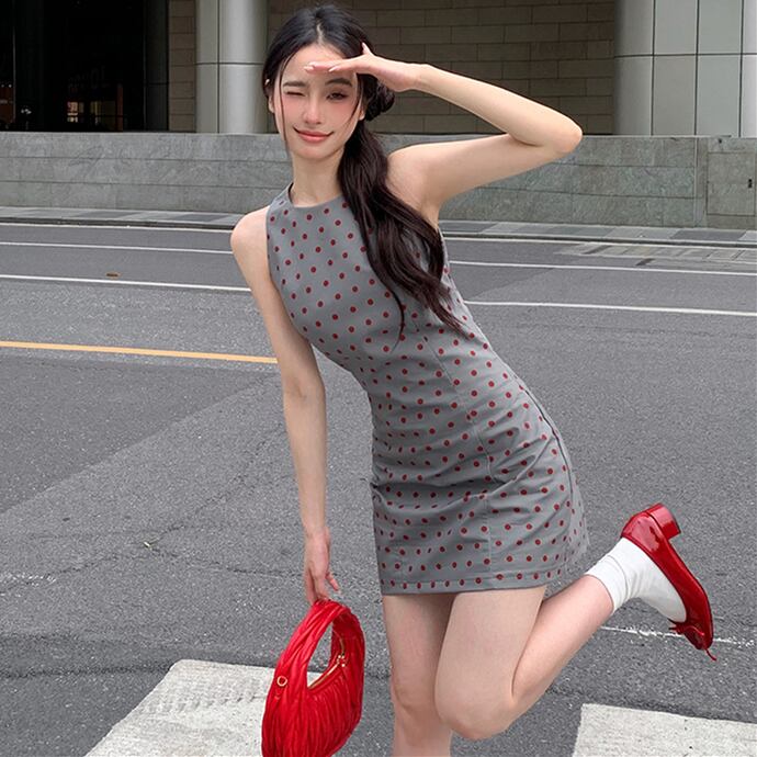 【dress】ノースリーブドット柄ワンピース G21063