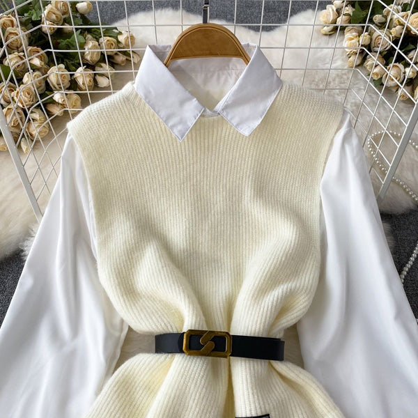 【set】6色ニットベスト+長袖ブラウス2点セットF8434