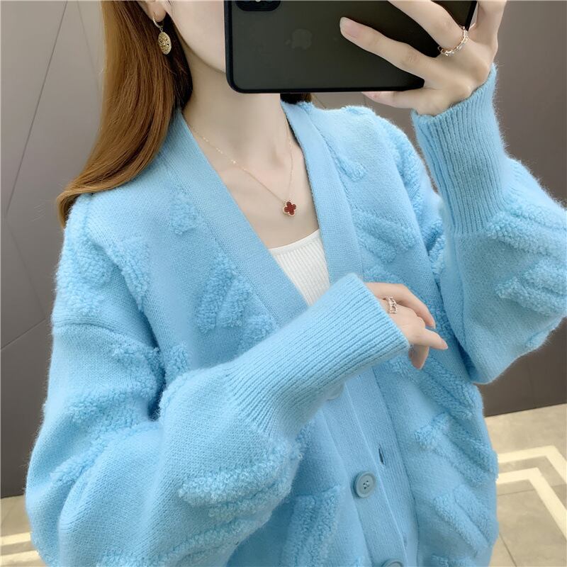 【outer】今季マストバイ♪秋長袖韓国風VネックルーズニットカーディガンW0070