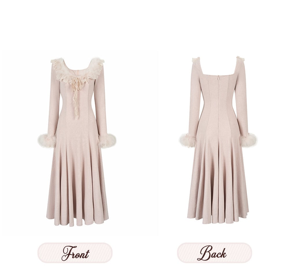 【dress】ファーレースドッキングニットワンピース N3464