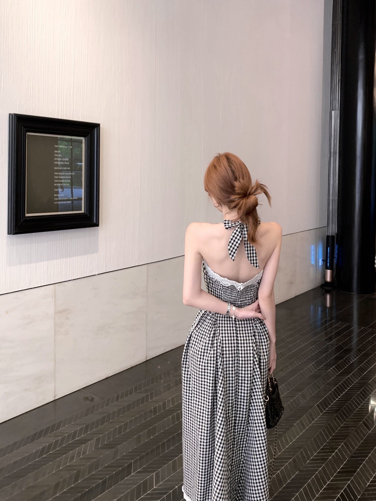 【dress】レース切り替えバックリボンチェック柄ワンピースF7789