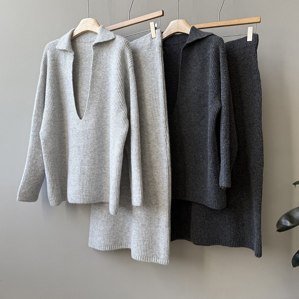 【set】Vネックニットトップス×ロングスカートセット N3441