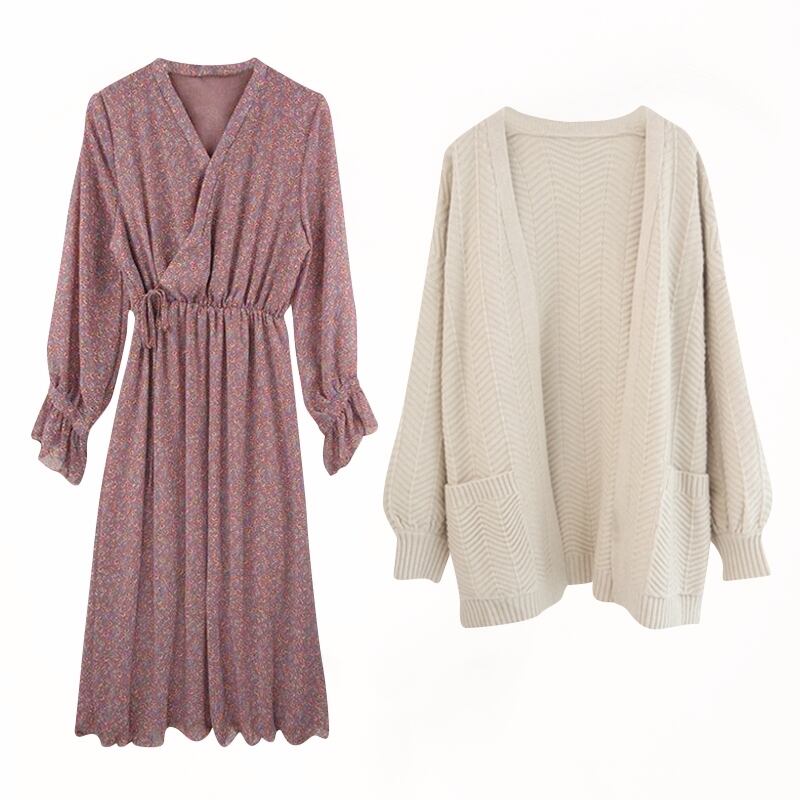 【set】スウィートオシャレニットカーディガン+花柄ワンピース2点セット G2384