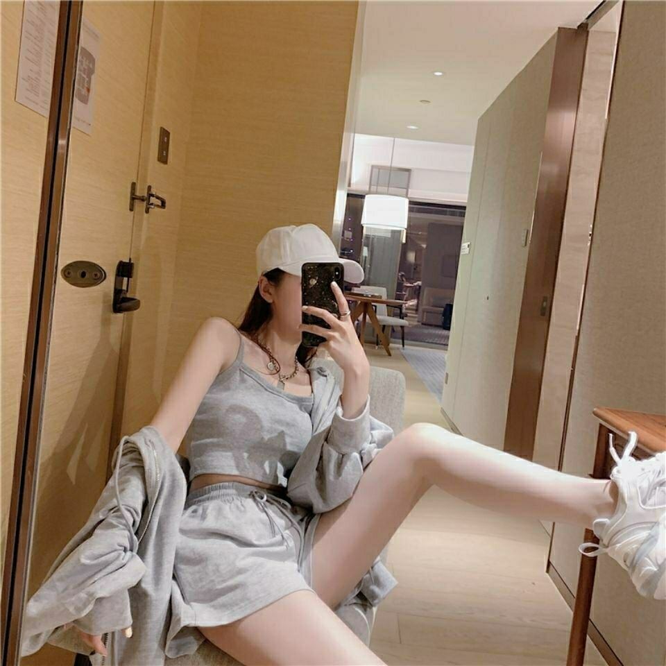 【set】韓国ファッション夏新作長袖パーカーアウター+ショートパンツ+キャミソール日常カジュアル人気3点セットF4945