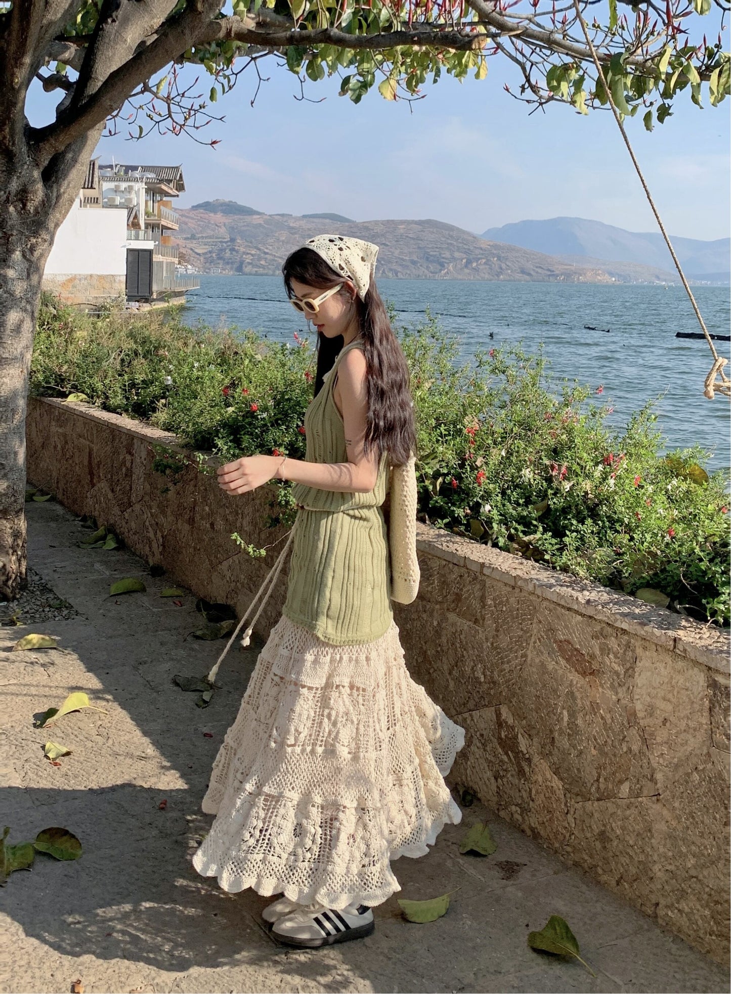 【set】ニットベスト+レース透かし彫りスカート2点セットG21099