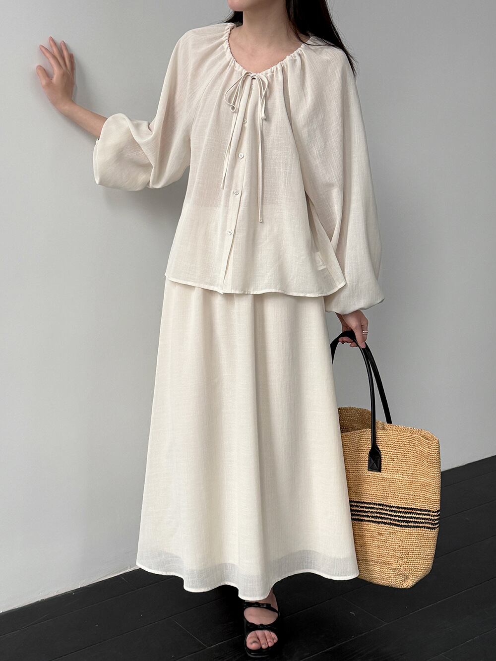 【set】リボン付きトップス×ロングスカートセット Q8324