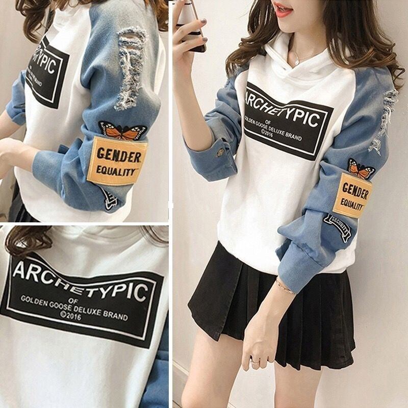 【tops】韓国ファッションフード付き長袖英字柄配色デニム切り替えゆったり着回しパーカーF0776