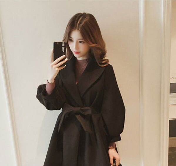【outer】流行アイテム!秋冬新作ラペル長袖着回しウエストリボン無地韓国ファッション着回しコートF1358