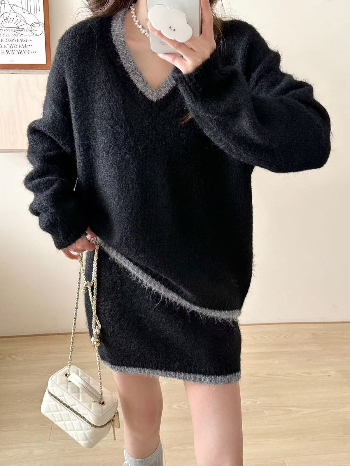 【set】Vネックニットトップス×ストレートスカートセット Q7836