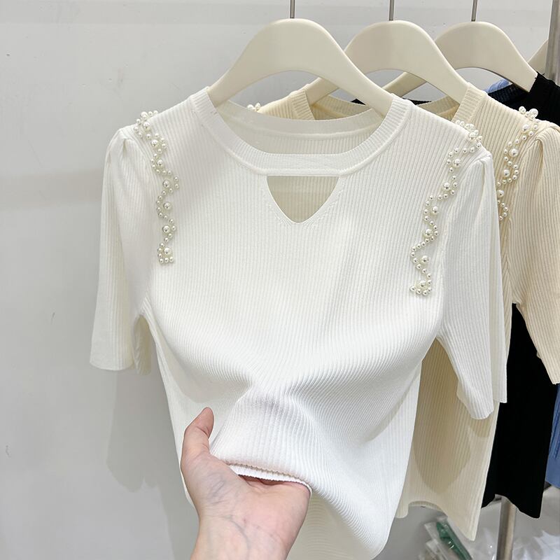 【tops】ビーズ半袖ニットTシャツF7310