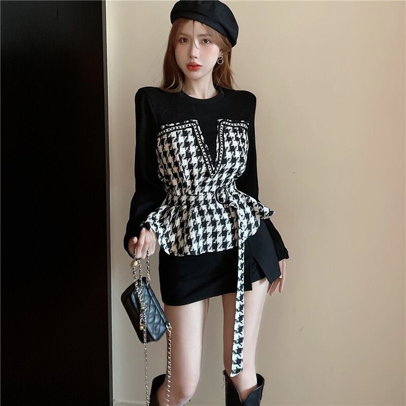 【tops】千鳥格子ドッキングトップス M18354