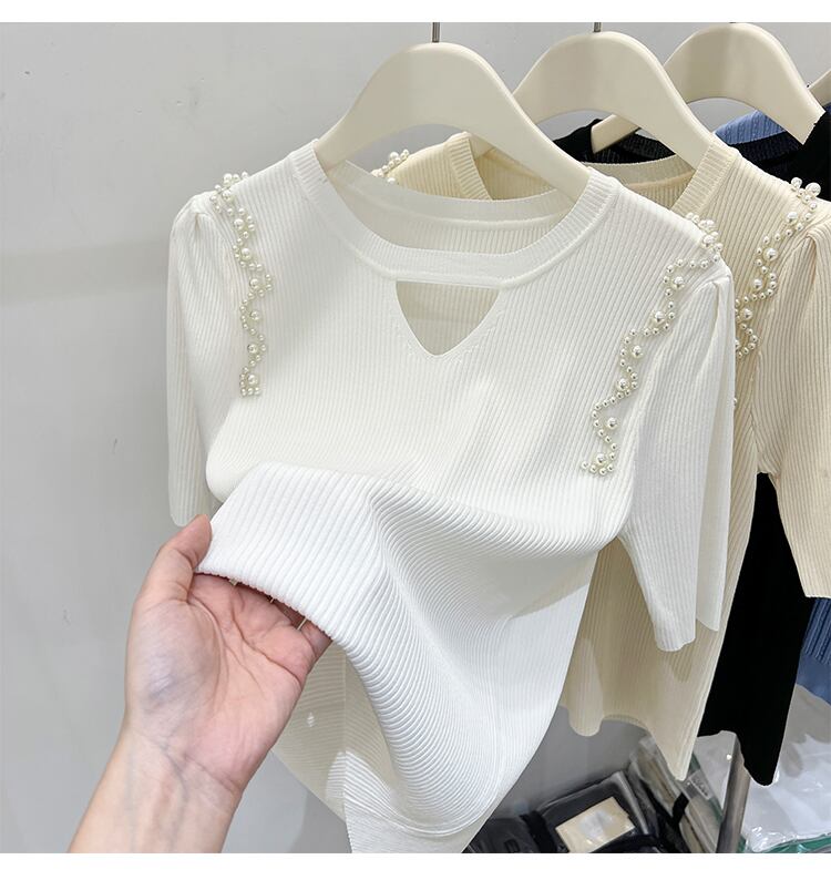 【tops】ビーズ半袖ニットTシャツF7310