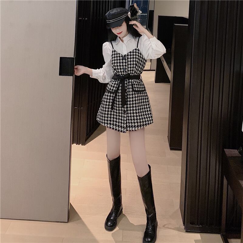 【set】気質満点パフスリーブシャツ+チェック柄着痩せキャミワンピース2点セット G2766