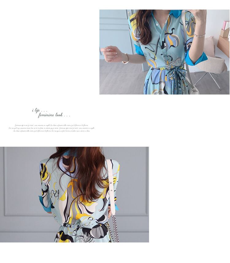 【dress】韓国風気質満点ファッション折り襟不規則 プリントワンピース G0398