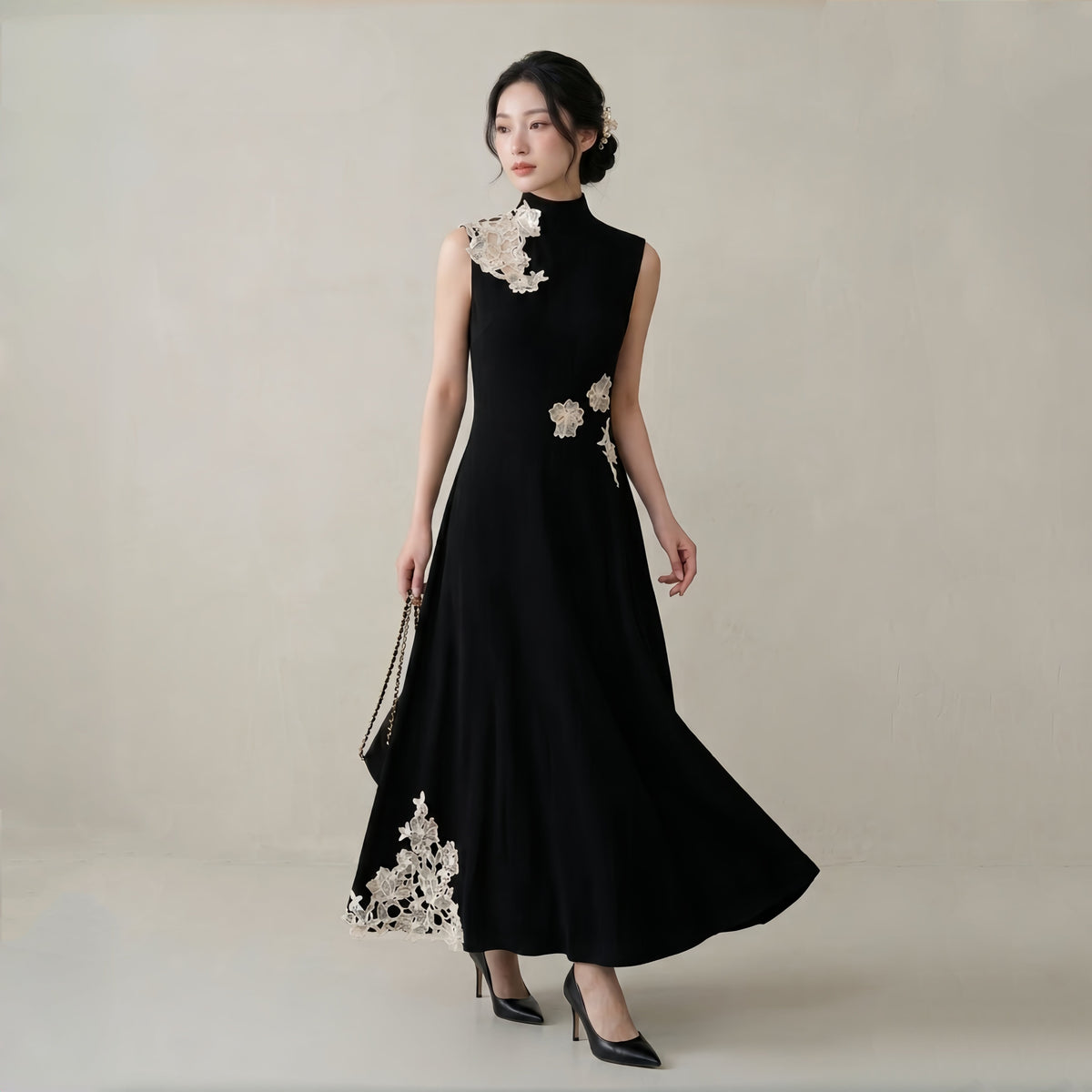 【dress】レースドッキングノースリーブニットワンピース Q8403