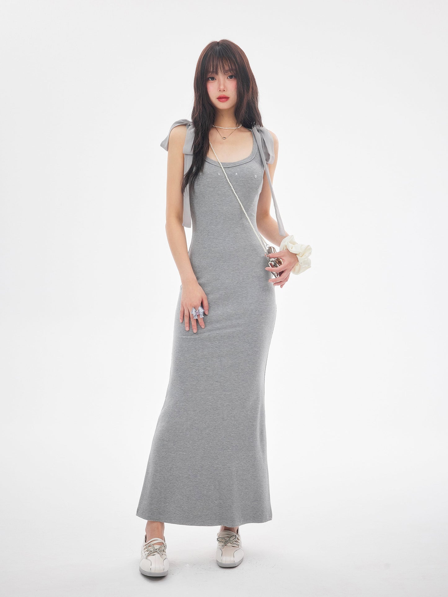 【dress】ショルダーリボンシェイプリブカットロングワンピース N3520