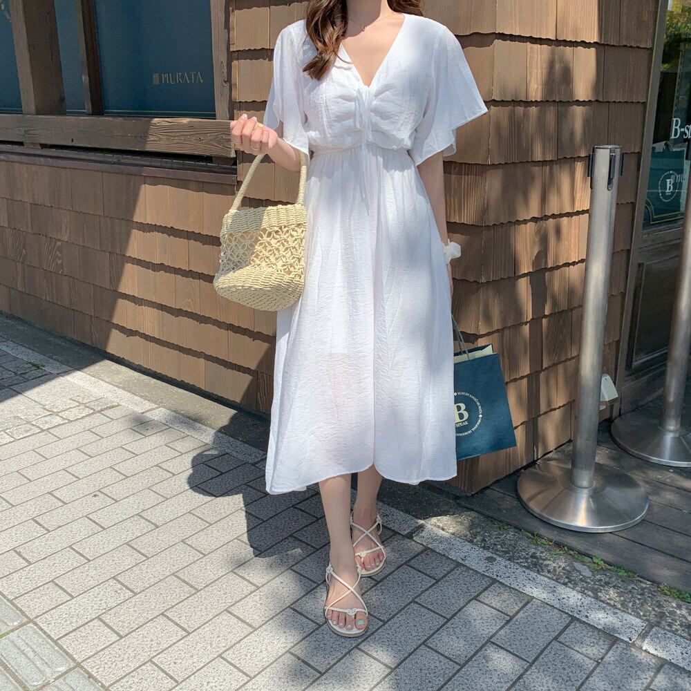 【dress】魅力的!気質満点レトロスウィート無地Vネックワンピース