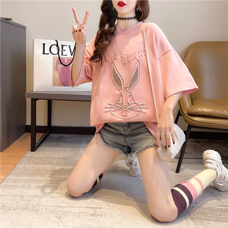 【tops】ラウンドネック半袖動物柄ゆったり着回しTシャツF0031