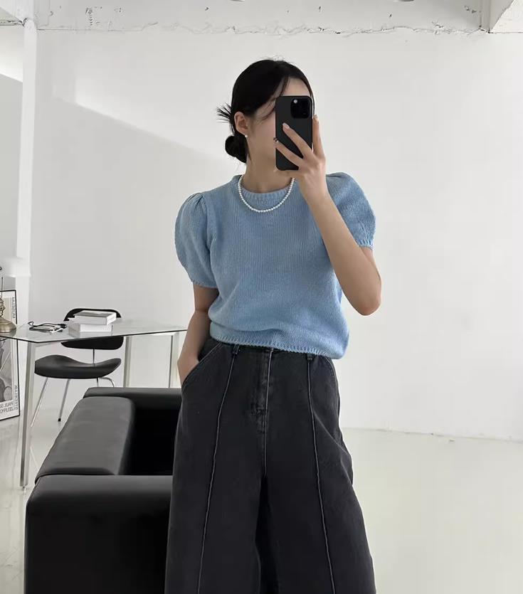 【tops】半袖パフ袖ニットTシャツF7427