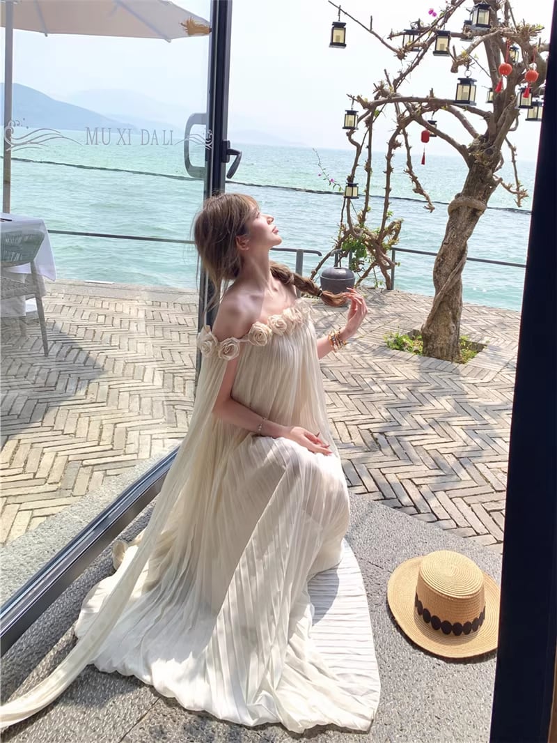 【dress】立体感フラワーオフショルダーワンピース Q8351