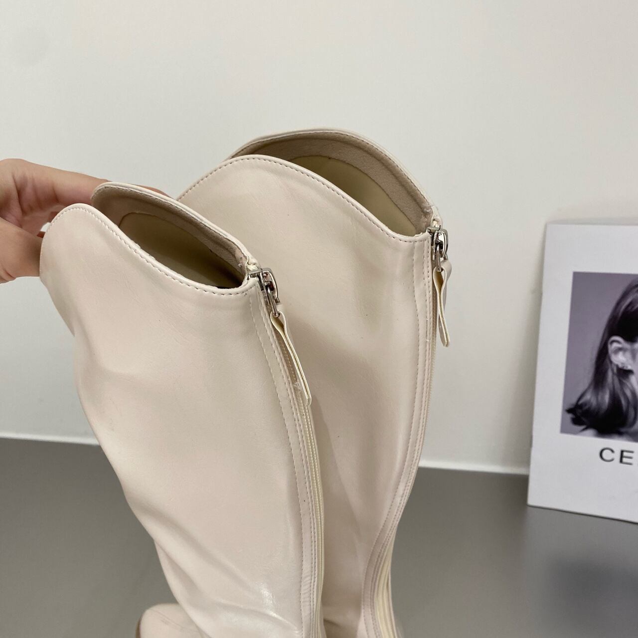 【shoes】無地美脚魅せジッパー付き厚底履きやすいポインテッドトゥブーツF3418