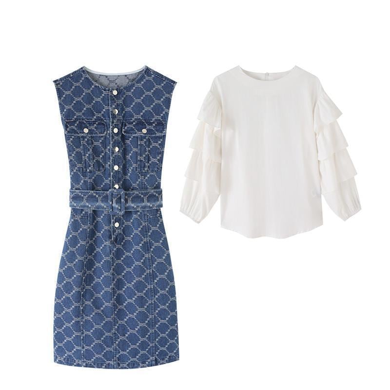 【set】清純甘くて女子力UP!気質満点ファッショントップス+デニムワンピース2点セット G9443